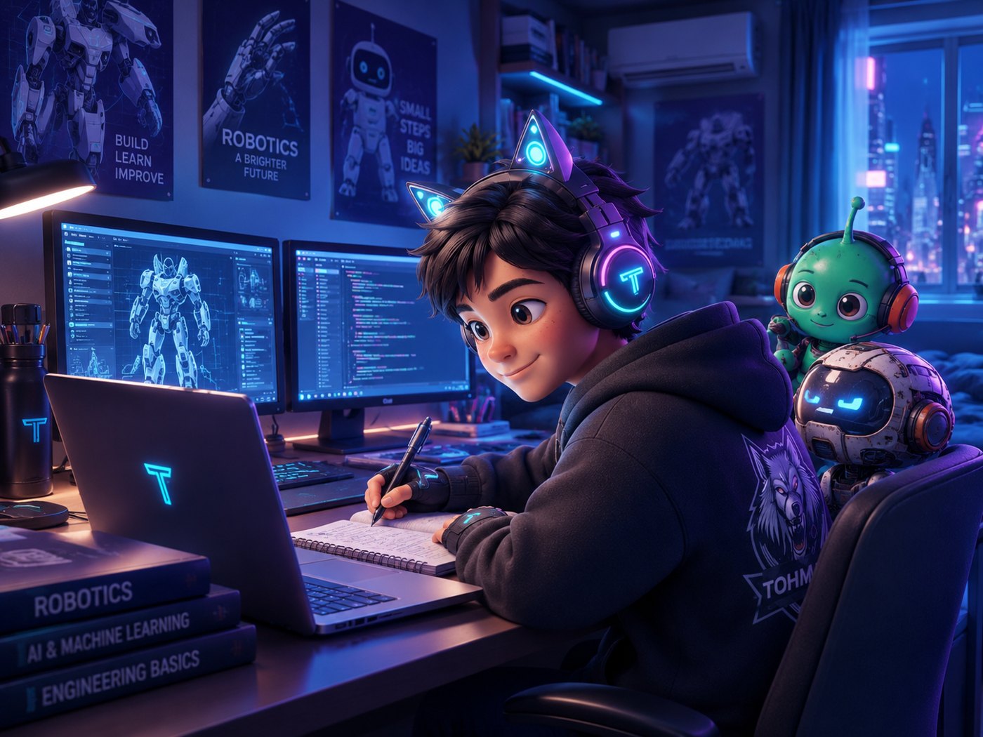 Tohma at his study desk with Bolt and Zip